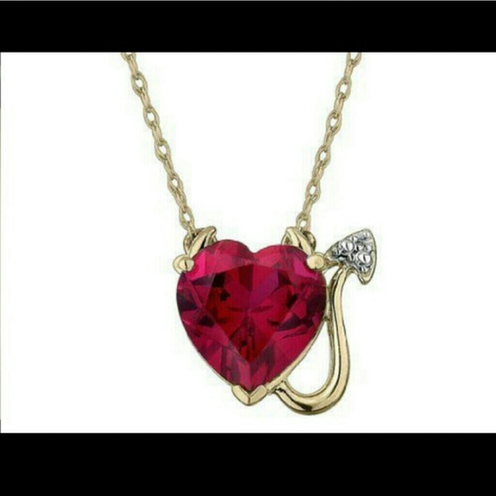 Real- Garnet ruby gold red heart devil chain neckl